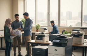 Karyawan kantor sedang menggunakan layanan sewa printer laserjet dari Rajaprinter.id dengan latar ruangan kantor yang bersih dan modern.