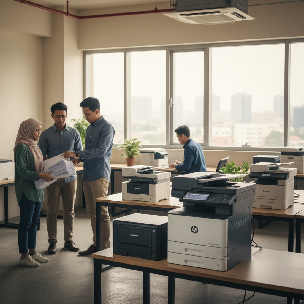 Karyawan kantor sedang menggunakan layanan sewa printer laserjet dari Rajaprinter.id dengan latar ruangan kantor yang bersih dan modern.