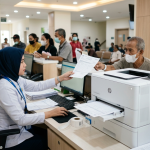 sewa printer rumah sakit menggunakan printer HP LaserJet kecepatan tinggi untuk pendaftaran pasien.