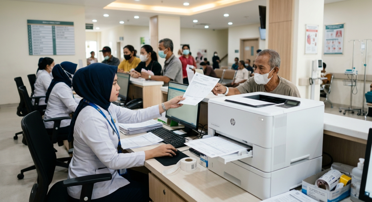 sewa printer rumah sakit menggunakan printer HP LaserJet kecepatan tinggi untuk pendaftaran pasien.